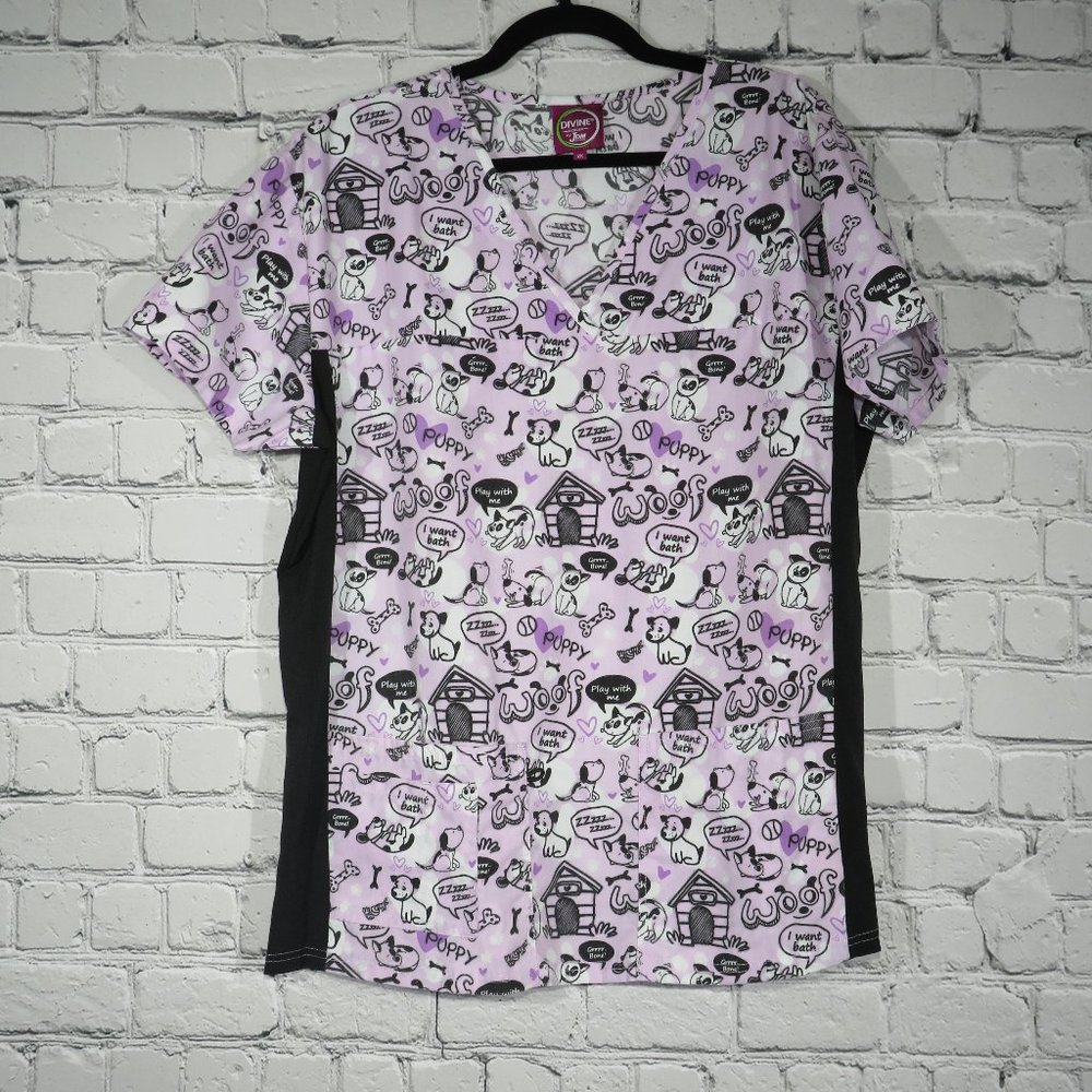 Women's Medical Stretch Uniform Shirt - Purple Puppy Pattern - Picture 2 of 4
